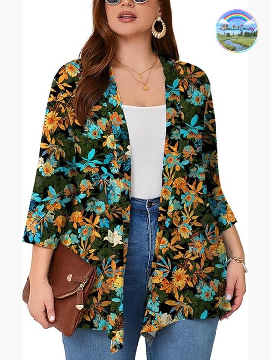 Sweaters - Plus Size Open Front Cardigan 3/4 Sleeve Lightweight Shrug